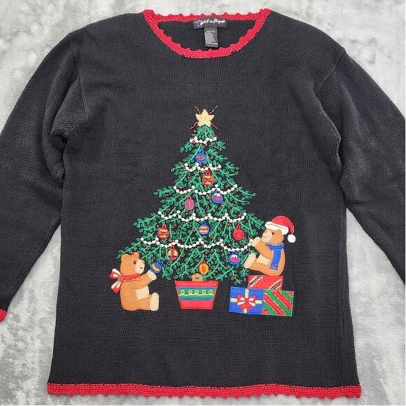 Vintage Work in Progress Sweater Womens M Black Red Embroidered Beaded Christmas - Picture 2 of 9